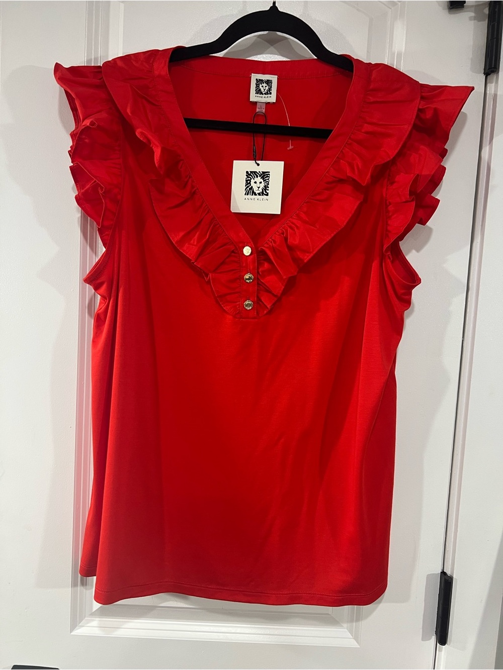 Anne Klein Red/Orange Ruffle V-Neck Sleeveless Blouse